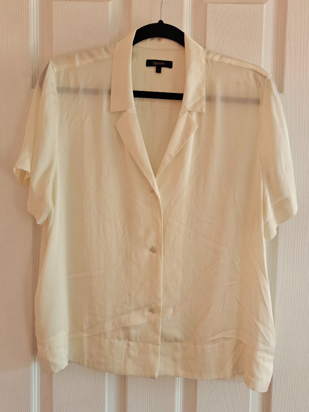 QUINCE Washable Stretch Silk Short Sleeve Notch Collar Blouse Ivory Size Large